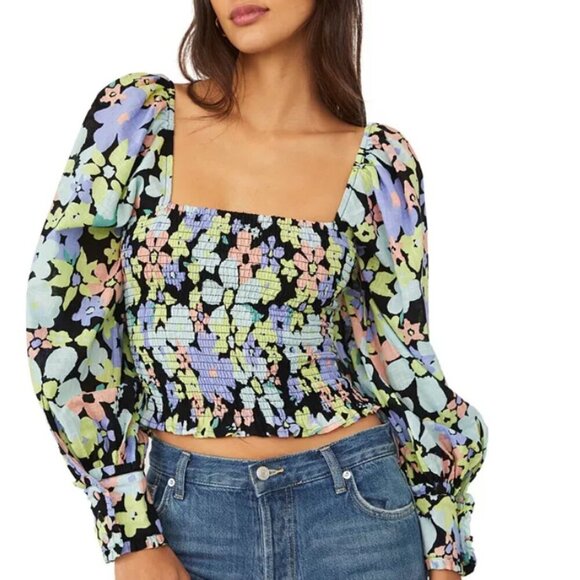 NWOT Free People Ariana Floral Print Smocked Crop Top - Size L - Picture 1 of 10